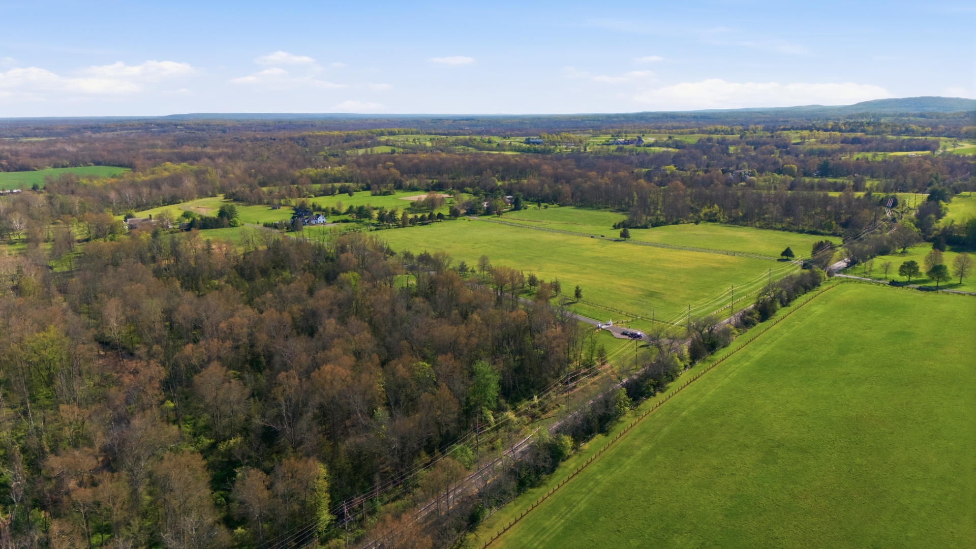 Aerial of mature woodland and open field edges along the southern boundary of the Bedminster Farms subdivision